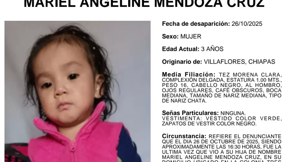 Mariel Angeline Mendoza Cruz desapareció en Villaflores, Chiapas