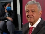 foto de mujer con cubrebocas y de AMLO con estampitas del detente