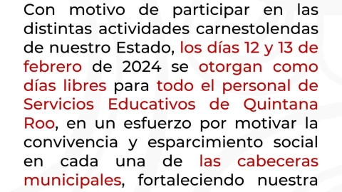 Suspenden clases en Quintana Roo con motivo del Carnaval 2024
