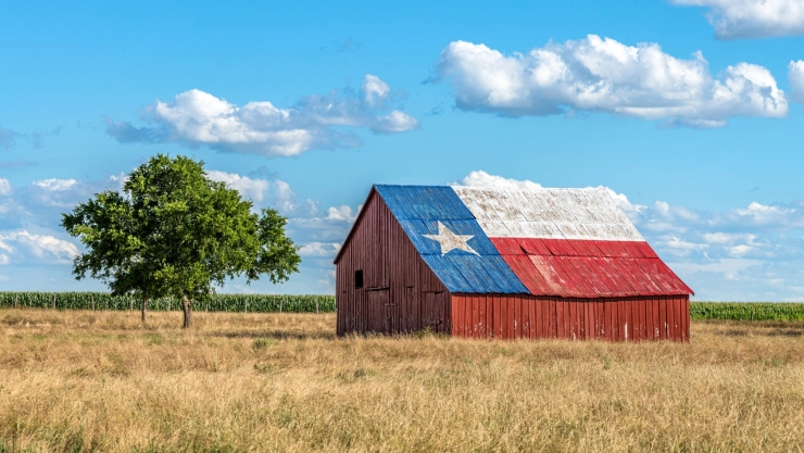 Un pequeño galpón rústico con el techo pintado con la bandera de Texas, en medio de un campo de pueblo