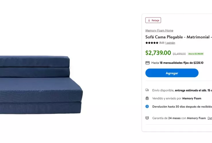 El sofá cama en promoción de Walmart, disponible en color azul marino