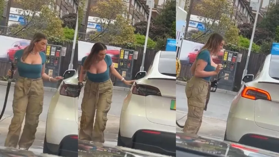 Mujer intenta poner gasolina a un auto Tesla