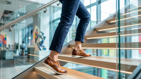 Fotografía de acción con enfoque selectivo (bokeh). Primer plano de unas piernas en movimiento subiendo unos escalones de oficina de diseño moderno. Los pies visten calzado casual-formal.