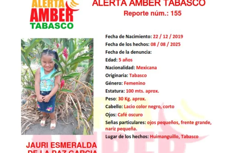 ALERTA AMBER TABASCO: Jauri Esmeralda de la Paz García desapareció en Huimanguillo