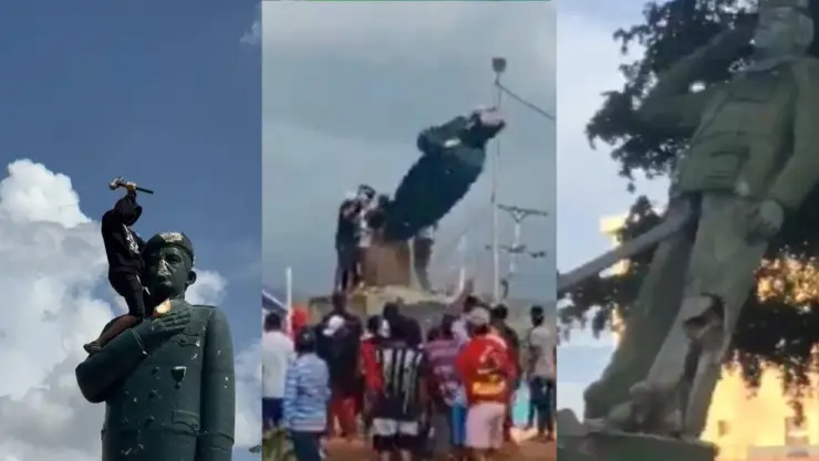 ¡Pueblo enojado! Derriban estatuas de expresidente Hugo Chávez en Venezuela.jpg