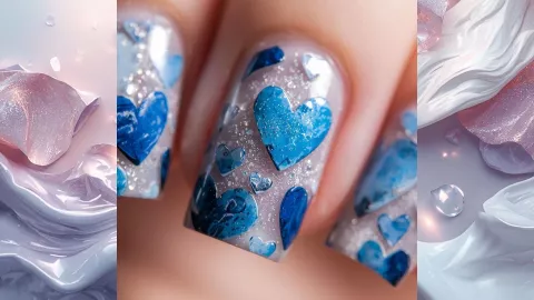 Uñas con corazones en tonos azules