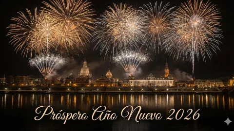 Feliz Año Nuevo fuegos Artificiales sobre la Ciudad