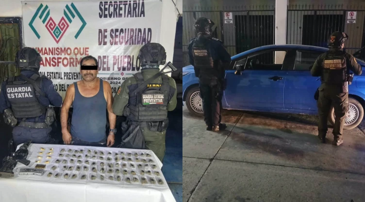 Cae presunto integrante del Cártel de Sinaloa con armas, droga y coche robado en carretera de Chiapas