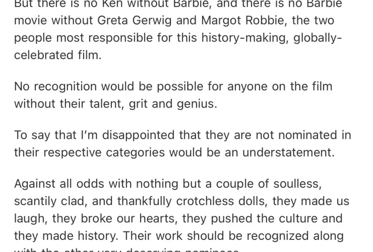 Declaración de Ryan Gosling sobre los premios Oscar 2024