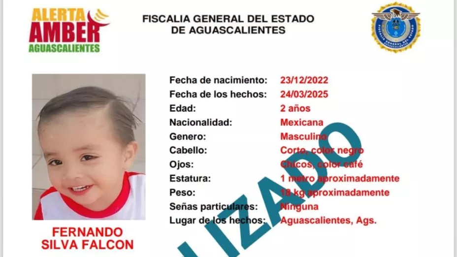 Alerta Amber Aguascalientes: Localizan a Fernando Silva Falcón de 2 años