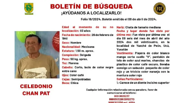 Boletín de búsqueda en Yucatán_ Buscan a adulto mayor de 83 años de edad