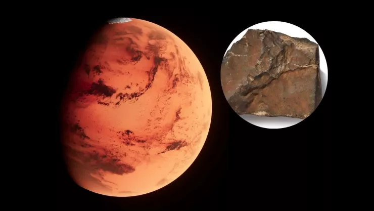 Imagen del planeta Marte y de un meteorito.