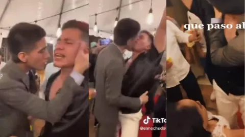 Hombre besa a novio en la boda