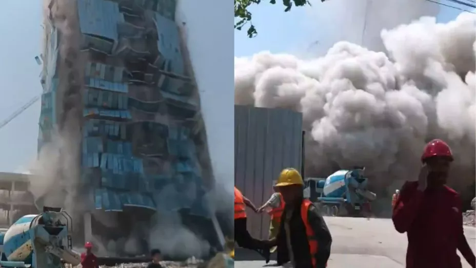 Edificios colapsan en Myanmar hoy 28 de marzo de 2025 durante terremoto en Asia