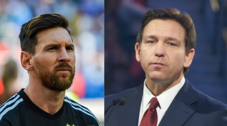 El futbolista argentino Leo Messi (izquierda) y el gobernador de Florida, Ron DeSantis (derecha).
