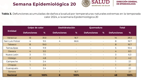 Defunciones acumuladas de daños a la salud por temperaturas naturales extremas en la temporada calor.