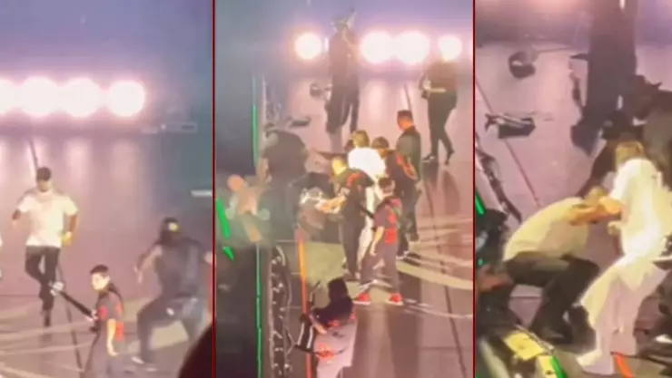 VIDEO_ Seguridad de Peso Pluma taclea a fan en pleno escenario; ¿qué hizo el cantante?