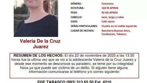 Alerta Amber Tabasco: Valeria de la Cruz Juárez desapareció en Cunduacán