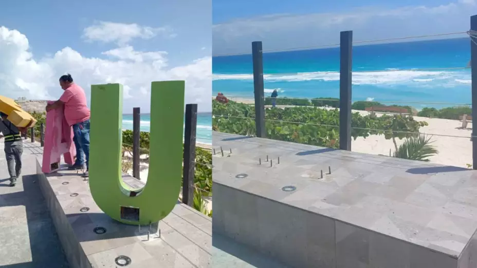 Dan mantenimiento a las letras de Cancún en Playa Delfines