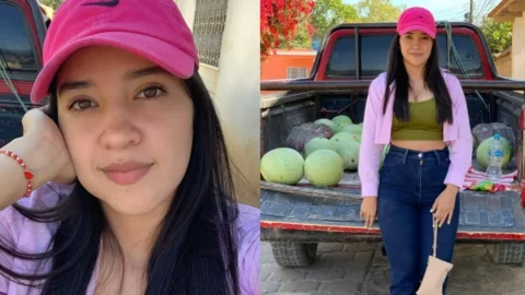 Chica bonita vendiendo sandías