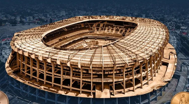 Mundial 2026 Estadio Azteca y monedas conmemorativas.