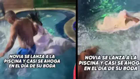VIDEO_ Novia casi se ahoga al lanzarse a la alberca junto a su esposo en Brasil