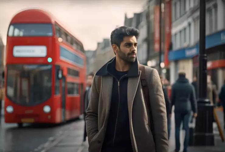 Escena de la película “Maharaja in Denims” creada con tecnología de IA, mostrando un personaje en un escenario generado por computadora.