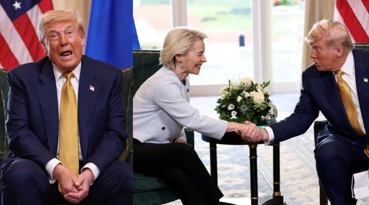 Donald Trump y Ursula von der Leyen se dan la mano o conversan, simbolizando el nuevo acuerdo comercial entre Estados Unidos y la Unión Europea para suspender los aranceles y realizar compras estratégicas.