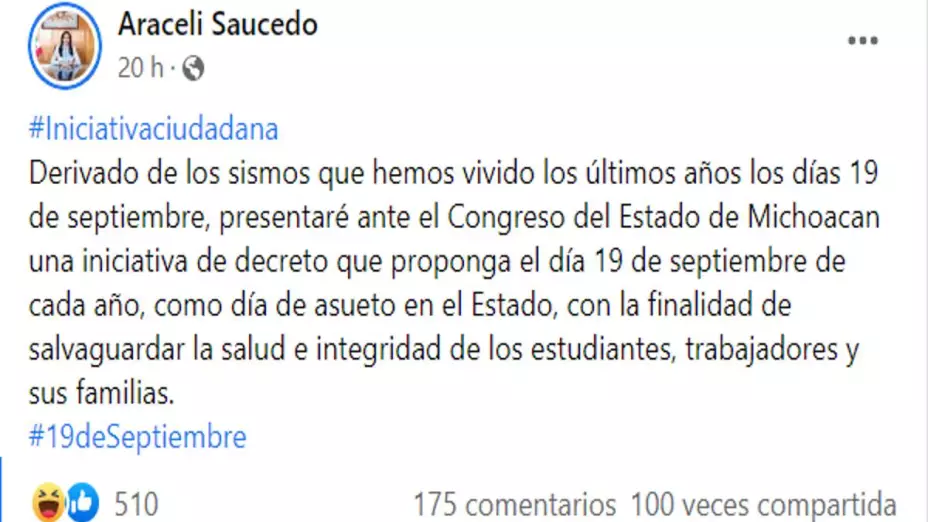 Alcaldesa propone asueto el 19 de septiembre