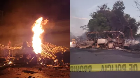 Chocan pipa y autobús en carretera a Monterrey mueren 18 calcinados.