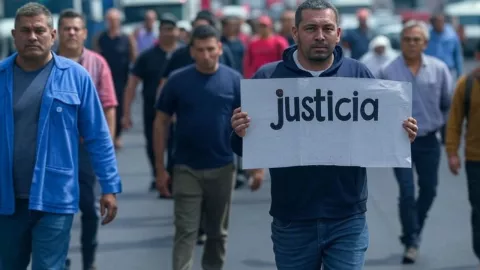 Imagen generada con Inteligencia artificial de un grupo de personas exigiendo justicia en una manifestación.
