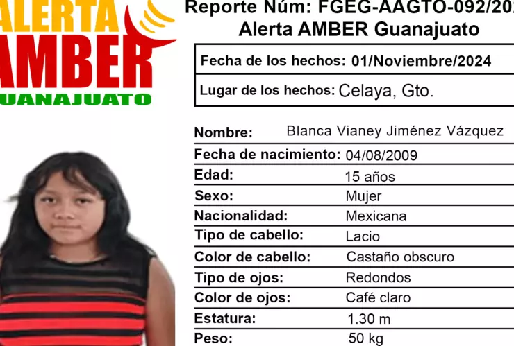 Alerta Amber Guanajuato de la adolescente Blanca Vianey Jiménez Vázquez de 15 años, en Celaya, Guanajuato.png