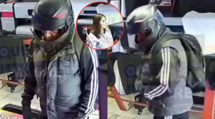 Un hombre con un casco y una mochila, al centro se observa a una joven mujer con un mazo en la mano para defenderse