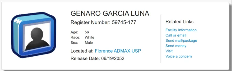 Ficha de interno de Genaro García Luna de la BOP en EU.