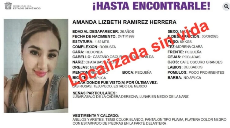Joven arriesgó su vida y desafió creciente de arroyo en BCS para ayudar a mujer en labor de parto. En la imagen se observa la ficha de búsqueda de Amanda Lizbeth Ramírez Herrera.