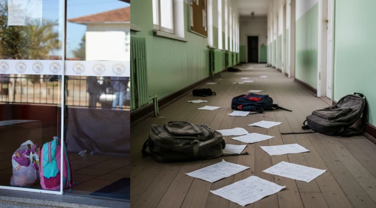 Vista exterior de la Escola Municipal Maria Nascimento Giacomazzi en Brasil, con presencia policial y familiares tras el tiroteo. Imagen que representa la tragedia y la respuesta de emergencia al ataque escolar en Estaçao.