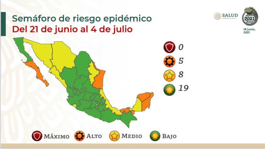 Semáforo epidémico en México de 21 de junio a 4 de julio.