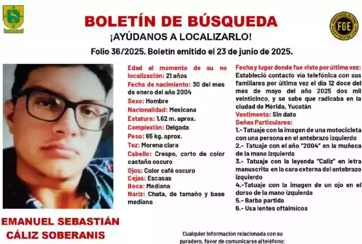Boletín de búsqueda en Yucatán_ Desaparece Emanuel Sebastián de 21 años,lleva casi dos meses ausente