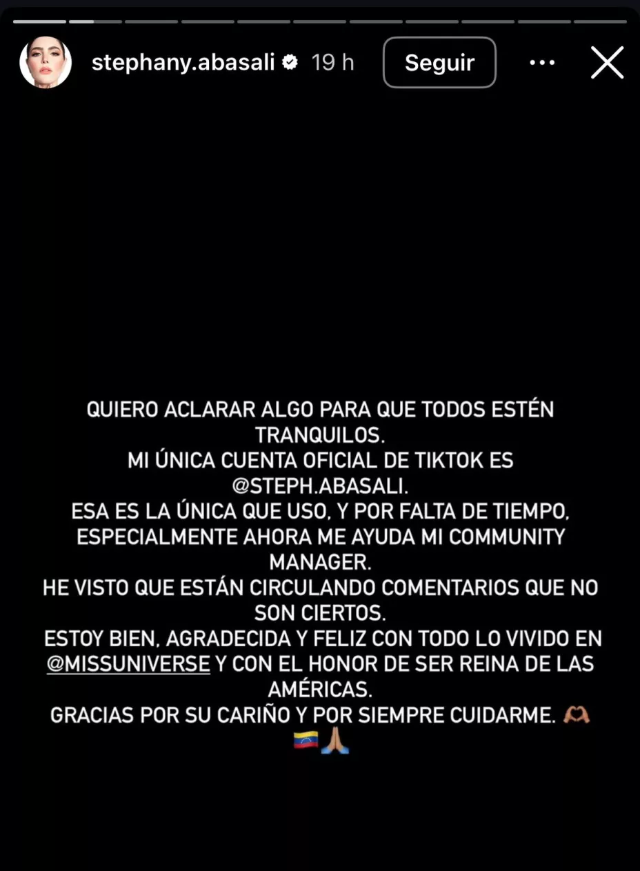 Comunicado de Stephany Abasali vía redes sociales