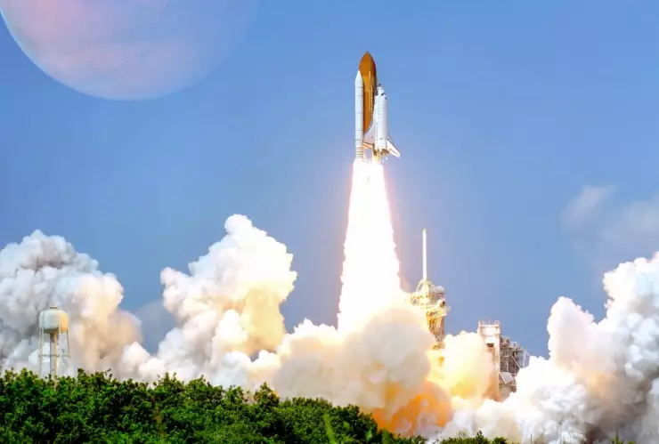 Launch of the spaceship from the spaceport to planet Mars. Futuristic space travel and tourism concept