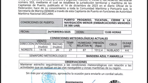 Cierre de puertos en Progreso, Yucatán hasta nuevo aviso por Frente Frío No. 28