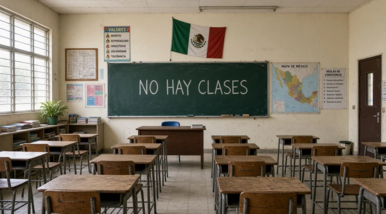 Salón de clases vacío de una escuela pública en México. En el pizarrón verde se lee “No hay clases”.