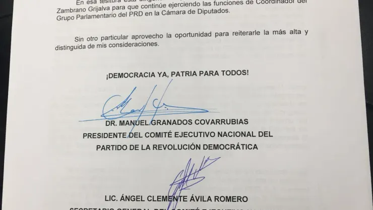 Carta PRD donde desconocen a Omar Ortega