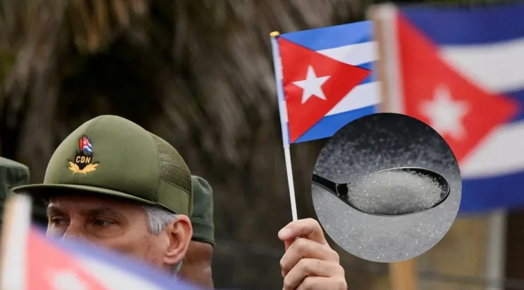 Fotos de Miguel Díaz Canel con banderas de Cuba y cuchara con granos de azúcar.