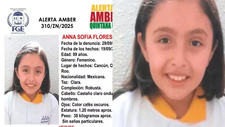 ¡Alerta Amber Quintana Roo! Buscan a Anna Sofía Flores Ramos, de 9 años, desaparecida en Cancún desde el pasado septiembre