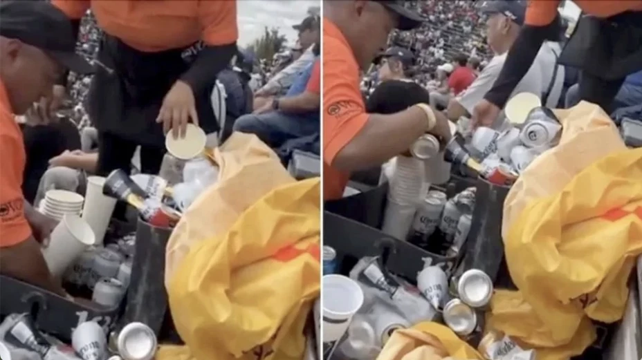 Vendedores rellenan vasos con agua sucia en la NASCAR en CDMX.