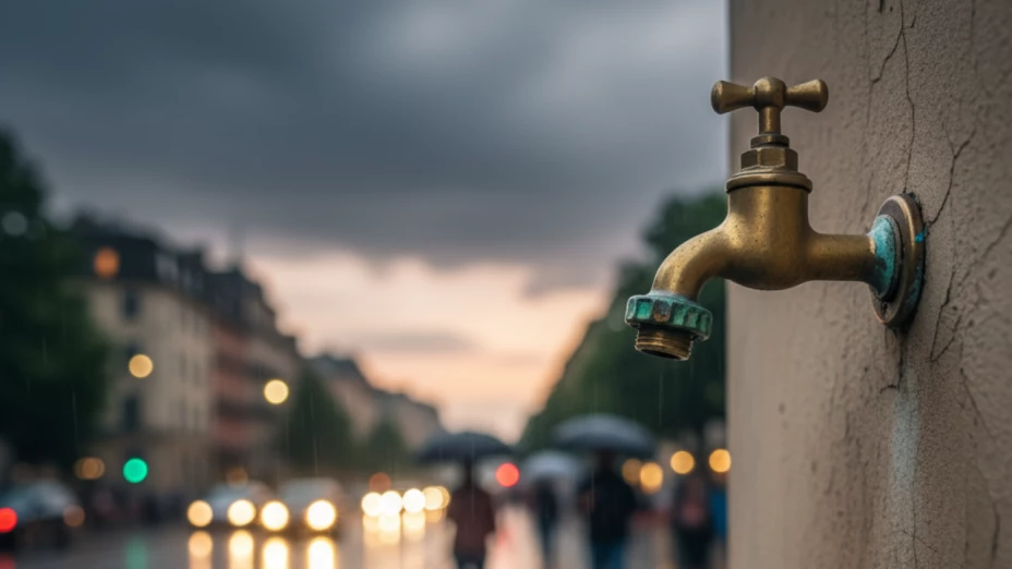 Llave sin agua en la ciudad con lluvia