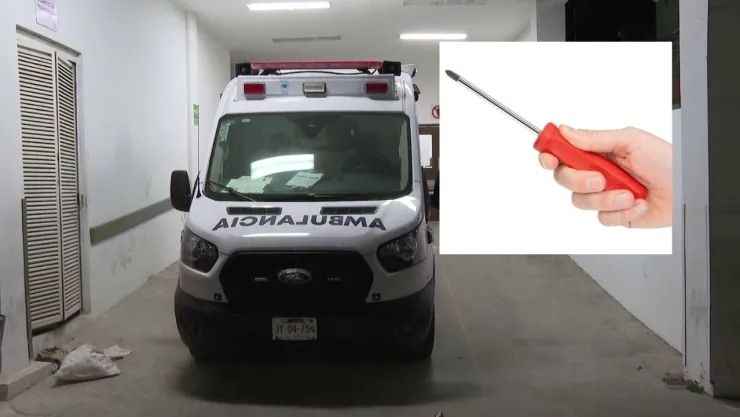Imagen de ambulancia y de mano sujetando un desarmador.