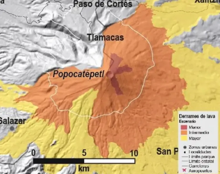 El alcance de la lava en caso de una erupción del volcán Popocatépetl