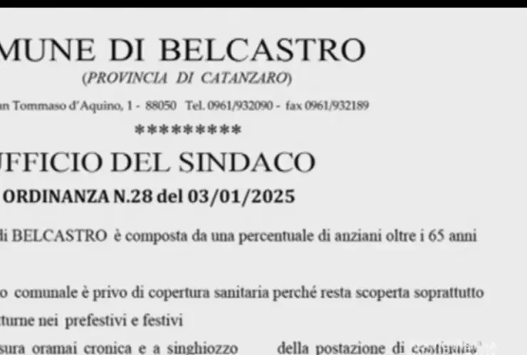 La ordenanza insta a los residentes de Belcastro a “evitar contraer cualquier enfermedad que requiera asistencia médica”